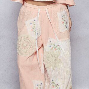 #185 PINK-POL FLORAL& LACE PATCHWORK PANTS-Pink ❤️ Offers!